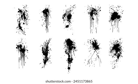 Brushstroke drops set black and white vector illustration. Ink paint art and splash element design. Graphic stroke collection texture artistic border. Drawing blot