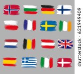 Brushstroke European flags: Italy, Germany, Poland, Spain, France, Ireland, Austria, Bulgaria, Belgium, Greece, Netherlands, Norway, Finland, Sweden, Great Britain, Denmark. For tourism and travel.