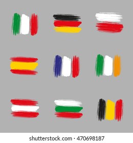 Brushstroke European flags: Italy, Germany, Poland, Spain, France, Ireland, Austria, Bulgaria,Belgium.