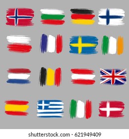 Brushstroke European flags: Italy, Germany, Poland, Spain, France, Ireland, Austria, Bulgaria, Belgium, Greece, Netherlands, Norway, Finland, Sweden, Great Britain, Denmark. For tourism and travel.