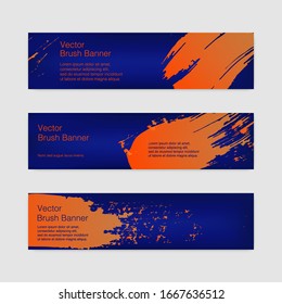 Brushstroke Flyer Template. Phantom Blue Orange Paint Stroke Banner Design. Sea Blue Amber Set of Vector Flyer Template. Blueish Sun Warm Vector Brush Background. Paint Brush Banner Template.
