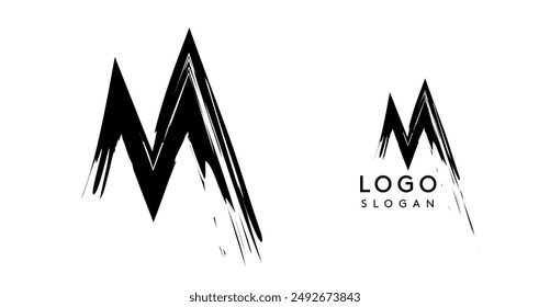 Brushstroke handdrawn letter M. Creative modern logo design, grunge imprint stylish initial logotype for corporate branding, business identity, and professional logos. Vector illustration