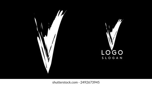 Brushstroke handdrawn letter V, check mark. Creative modern logo design, grunge imprint stylish initial logotype for corporate branding, business identity, and professional logos. Vector illustration