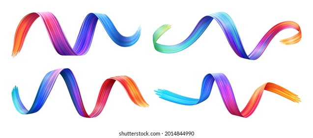 Brushstroke multicolor gradient texture brush ribbon isolated white  Vector wavy colorful curly brush paint stroke  watercolor trace abstract colorful smear  felt  tip pen background backdrop