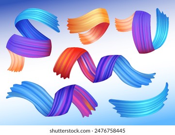 Brushstroke multicolor gradient texture set. Brush ribbons. Design elements of wavy curly brush paint stroke. Watercolor trace or abstract colorful smears vector cartoon illustration
