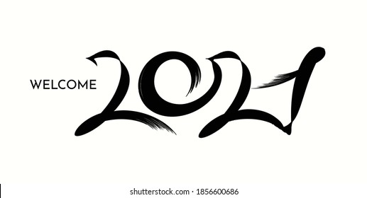  Brushstroke paint lettering calligraphy of 2021. Christmas and Happy New Year concept design with calligraphy brush text on white background. Hand drawn lettering