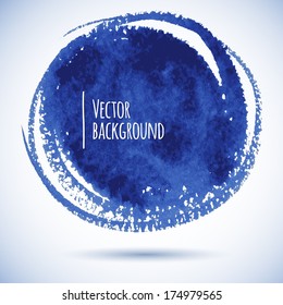 Brushstroke round banner. Ink blue watercolor spot background. Template with shadow 