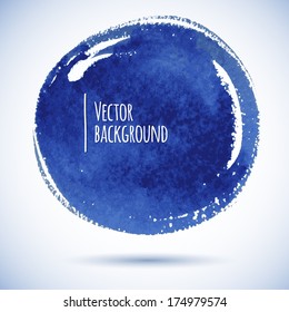 Brushstroke round banner. Ink blue watercolor spot background. Template with shadow 