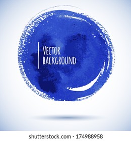 Brushstroke round banner. Ink blue watercolor spot background. Template with shadow 