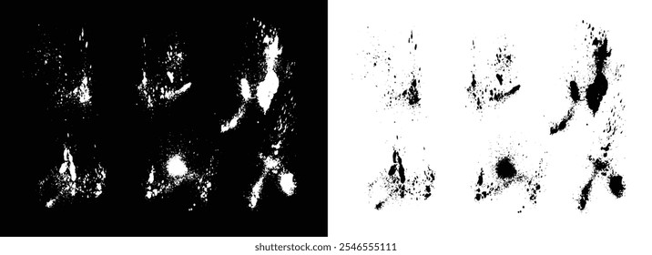 Pincelada salpicadura grunge textura Vector de color blanco y negro aislado sangre fondo conjunto