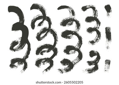 Brushstroke with squiggles. Hand drawn ink confetti spirals. Brush paint black linear doodle elements set isolated on white background. Contour sketch freehand crafted ornaments.