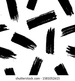 Brushstroke stripes vector seamless pattern. Dry ink shapes on white background. Black paint smears grunge texture. Brush strokes minimalistic decorative backdrop. Wrapping paper, textile design