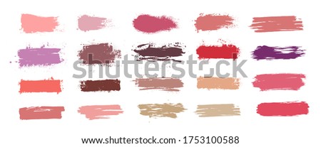 Brushstroke swatch. Makeup paint strokes with fashion 2020 colors, collection patches and smudge effect. Swatches makeup set different tones of trend cosmetics. Vector set for presentation