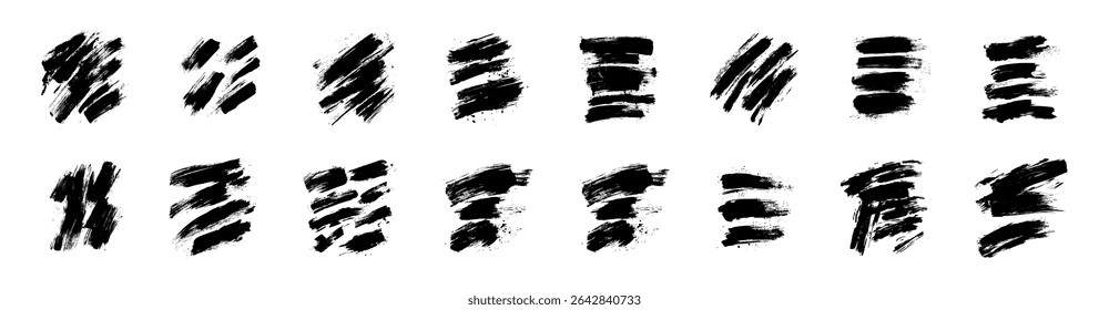 Pinselstrichtexturen, verschiedene Stile und Ausrichtungen, mit dunkler Tinte auf weißer Oberfläche gemalt