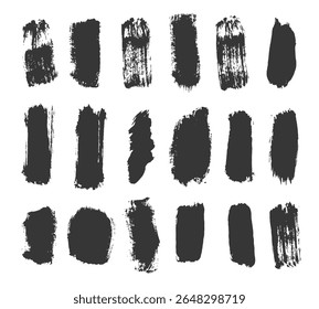 Design de vetor de pinceladas. Texturas de pintura grungy com marcas de tinta finas, retângulos, splats e formas de pincel desenhadas à mão. Fundo abstrato para esboço, quadro acrílico ou ilustração de borda de papel.


