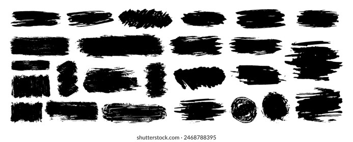 Brushstroke vector set. Grunge brush black splatter. Dirty paintbrush collection.