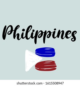 Brushstrokes in colors of national flag. Vector illustration of hand drawn lettering name of country Philippines for logotype, icon, poster, Independence Day greeting card, print, banner, badge