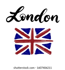 Brushstrokes in colours of Great Britain national flag. Vector illustration of hand drawn lettering name of english city London for logotype, icon, poster, Independence Day greeting card, print.