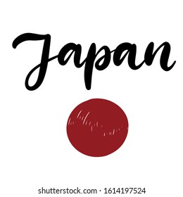 Brushstrokes in colours of Japanese national flag. Vector illustration of hand drawn lettering name of Japan country for logotype, icon, poster, Independence Day greeting card, print, banner, badge