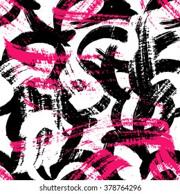 Brushstrokes curls seamless bold pattern. Black, white, hot pink colors. Vector texture. Hand painted. 