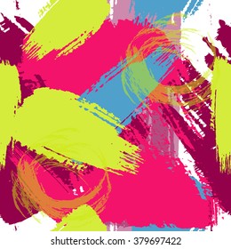 Brushstrokes curls seamless bold pattern.  Black, white, hot pink colors. Vector texture.