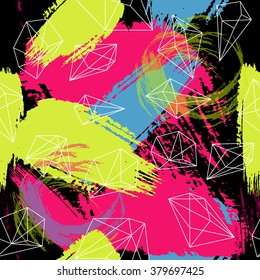 Brushstrokes curls seamless bold pattern with geometric crystals. Vector texture. Hand painted. 