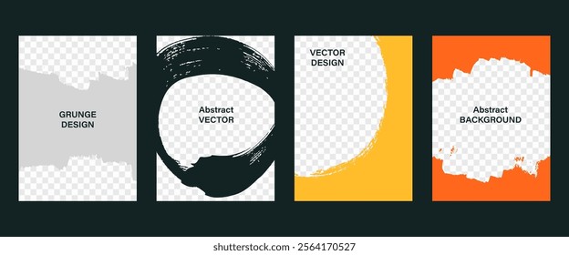 Brushstrokes frames set, grunge abstract trendy templates collection. Hand drawn brush strokes design for banner, flyer, coupon, social media, photo overlay, brochure, book cover. Vector illustration.