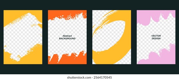 Brushstrokes frames set, grunge abstract trendy templates collection. Hand drawn brush strokes design for banner, flyer, coupon, social media, photo overlay, brochure, book cover. Vector illustration.