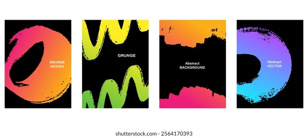 Brushstrokes gradient frames set, grunge abstract trendy templates. Hand drawn brush strokes design for banner, flyer, coupon, social media, photo overlay, brochure, book cover. Vector illustration.