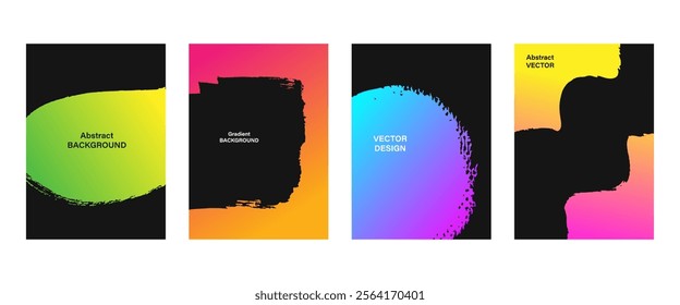 Brushstrokes gradient frames set, grunge abstract trendy templates. Hand drawn brush strokes design for banner, flyer, coupon, social media, photo overlay, brochure, book cover. Vector illustration.