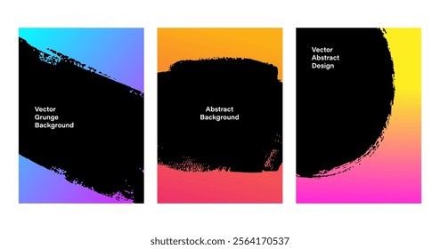 Brushstrokes gradient frames set, grunge abstract trendy templates. Hand drawn brush strokes design for banner, flyer, coupon, social media, photo overlay, brochure, book cover. Vector illustration.