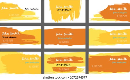 Brushstrokes Hand Painted Business Cards Vector Set. Watercolor Ink Cool Smears Hipster Corporate Identity. Trendy Funky Graffiti Prints, Music Poster Background. Creative Hand Painted Business Cards.