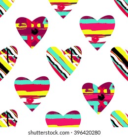 Brushstrokes hearts background. Creative design for cute cards. Hippie Lovely style.