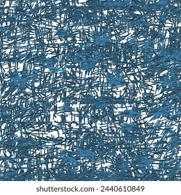 Brushstrokes or scribbles with black and blue on a white surface. Textile design. Mottled background. Vector seamless pattern.