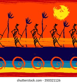 Brushstrokes seamless bold african pattern. Abstract hand drawn ethnic motif with people. Tribal background. Rock painting
