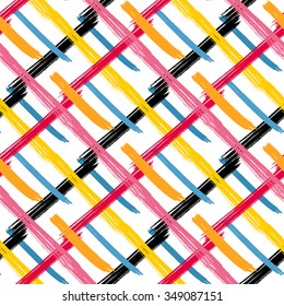 Brushstrokes seamless bold pattern. Diagonal stripes. Hand painted vector. Hot pink, black, yellow colors.
