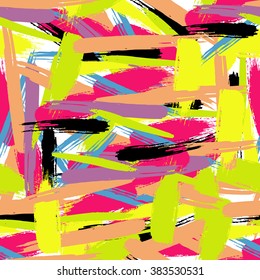 Brushstrokes seamless bold pattern. Vector freehand texture. Hand painted. Neon colors. Chaotic composition