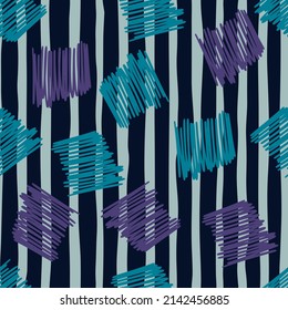 Brushstrokes and thin stripes seamless pattern. Cross Hatching endless background. Grunge backdrop. Design for fabric, textile print, surface, wrapping, cover, greeting card. Vector illustration