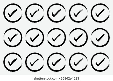 Icono de marca de verificación de estilo de pincel que representa la Aprobación, confirmación, éxito o finalización en el diseño de trazo dibujado a mano en negrita. diseño de ilustración plana de Vector de marcador de marca de verificación. eps 10