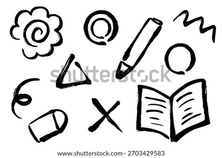 A brush-style learning-related illustration set featuring pencils, erasers, notebooks, flower circles, triangles, crosses, and more.