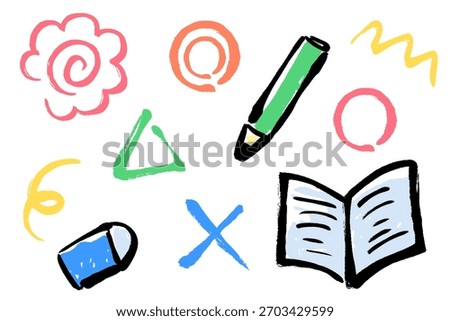 A brush-style learning-related illustration set featuring pencils, erasers, notebooks, flower circles, triangles, crosses, and more.