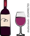 A brush-style line drawing of a red wine bottle and glass