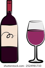 A brush-style line drawing of a red wine bottle and glass