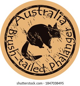 Brush-tailed phalanger fish silhouette icon vector round shabby emblem design old retro style. Brush – tailed possum in full growth logo stamp on craft paper. Vulpine phalanger grunge sign. Australia.