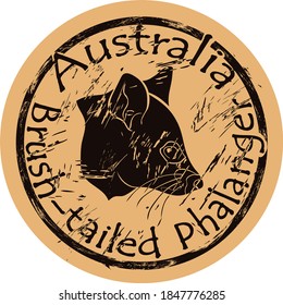 Brush-tailed phalanger fish silhouette icon vector round shabby emblem design old retro style. Brush – tailed possum profile head logo stamp on craft paper. Vulpine phalanger grunge sign. Australia.