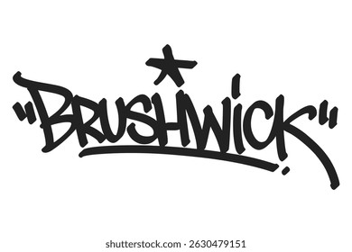 Marca de grafite Brushwick em letras pretas em negrito sobre fundo branco. Estilo urbano limpo, perfeito para a vibrante cultura do bairro de Londres, vibrações de rua e projetos de arte de rua criativos.