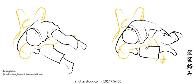 brushwork illustration showing two variations of Kesa Garami (scarf entanglement), used in jujutsu and judo, with kanji