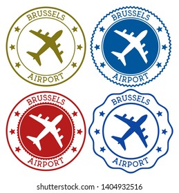 Brussels Airport. Brussels airport logo. Flat stamps in material color palette. Vector illustration.