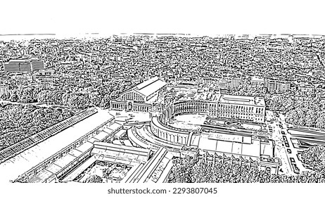 Brussels, Belgium. A black and white doodle sketch illustration of the Cinquantenaire Park featuring the Arc de Triomphe. The aerial view shows the central triumphal arch with its three vaults, connecting colonnades, and adjacent palace halls. The surrounding landscape includes a dense urban city grid, symmetrical park areas with trees framing the plaza, and roads with visible vehicle traffic. The scene has a technical, illustrative atmosphere with line art style on a white background.