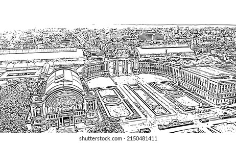 Brussels, Belgium. The Cinquantenaire Arcade and its monumental triple arch dominate the center of a vast formal park, rendered in a clean doodle sketch style with bold black linework against a white ground. The U-shaped neoclassical complex stretches across the frame, with the triumphal arch acting as a ceremonial gateway flanked by long colonnades and exhibition halls. A large domed glass-and-stone pavilion occupies the left foreground, while manicured geometric gardens and tree-lined avenues fill the plaza before the arcade. The bird's-eye perspective reveals the full symmetry of the ensemble, with the urban grid of the European Quarter fading into the distance. The illustration captures the park's ceremonial scale and architectural grandeur without color, emphasizing outline, form, and spatial depth. The arcade was completed in 1905 after the original single-arch design was replaced by a triple-arch scheme, with 450 workers laboring around the clock to finish the stone and concrete structure in time for the 75th anniversary of Belgian independence. The scene is timeless and graphic, suited for editorial, educational, and travel-themed design applications.